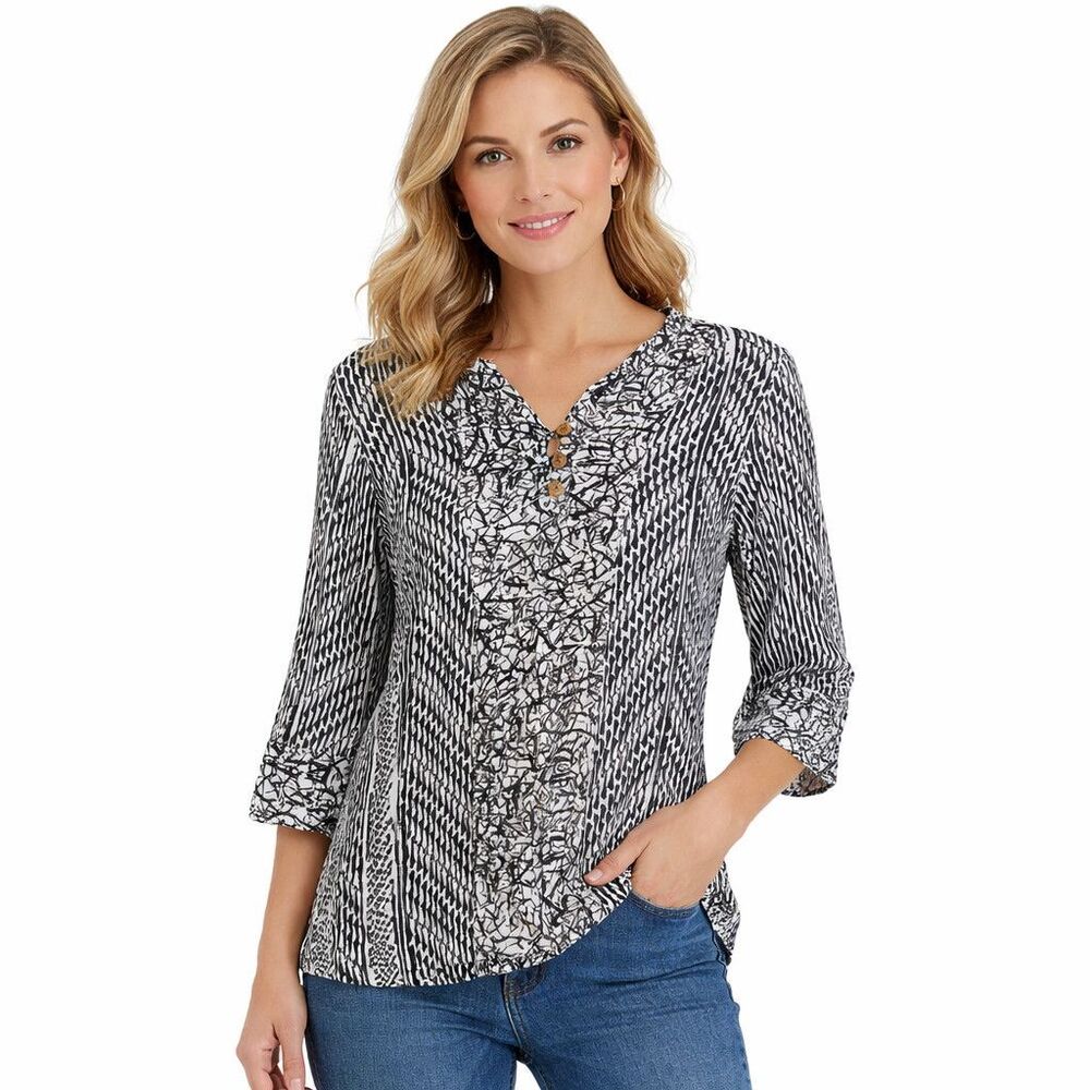Soft Surroundings Tunic Blouse Womens Medium Black Animal Henley 3/4 Sleeve